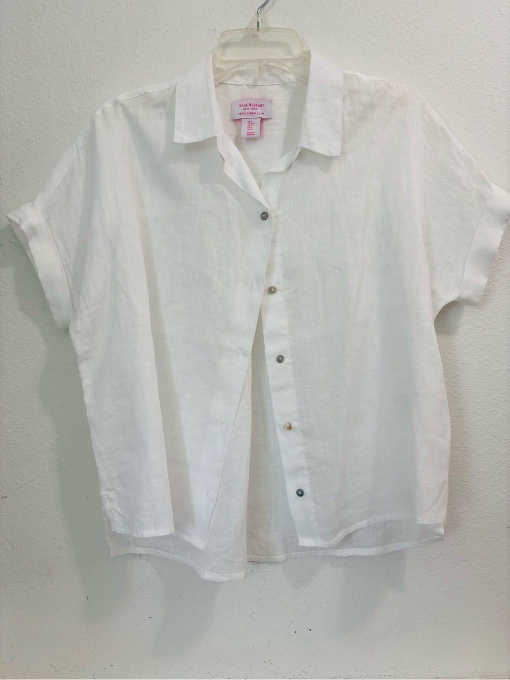 Isaac Mizrahi White Short-Sleeve Linen Button-Down Shirt Like New Size Small